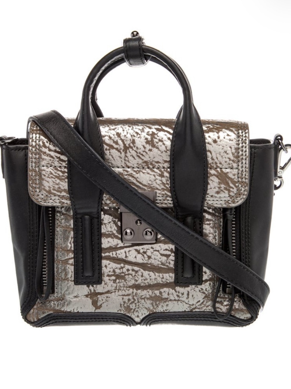 3.1 Phillip Lim Black and Metallic Silver distressed leather Handbag. Long strap
